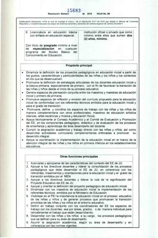 15683
Resolución Número de 2016 HOJA No. 89
Continuación Resolución «Por la cual se subroga el Anexo 1 de la Resolución 9317 de 2016 que adoptó el Manual de Funciones,
Requisitos y Competencias para los cargos de directivos docentes y docentes del sistema especial de Carrera Docente»
8. Licenciatura en educación básica
con énfasis en educación especial.
institución oficial o privado que como
mínimo entre ellos que sumen dos
(2) años, mínimo.
Con título de posgrado mínimo a nivel
de especialización en cualquier
programa del Núcleo Básico del
Conocimiento en Educación.
Propósito principal
• Dinamiza la definición de los proyectos pedagógicos en educación inicial a partir de
los gustos, características y particularidades de las niñas y los niños y los contextos
en los que se desenvuelven.
• Promueve la definición de estrategias articuladas de los docentes educación inicial y
la básica primaria, especialmente de primero, con el fin de favorecer la transición de
las niñas y niños desde el inicio de su proceso educativo.
• Genera espacios de planeación conjunta entre los maestros y maestras de educación
inicial y primero de primaria.
• Promueve espacios de reflexión y revisión del currículo propuesto para la educación
inicial de conformidad con los referentes técnicos emitidos para la educación inicial y
para el grado de transición.
• Promueve, define y coordina los espacios de trabajo con las niñas y los niños de
manera complementaria con otros profesionales; maestros de educación artística
(danzas, artes escénicas y música y educación física).
• Apoya técnicamente al Consejo Académico y al Comité de Evaluación y Promoción
del EE, en los componentes pedagógico, didáctico y de evaluación de los procesos
de enseñanza y aprendizaje del área desempeño del docente.
• Cumplir la asignación académica y trabajo directo con las niñas y niños; así como
desarrollar actividades curriculares complementarias enfocadas a promover su
desarrollo integral.
• Apoya la coordinación la implementación de la educación inicial en el marco de la
atención integral de las niñas y los niños en primera infancia en los establecimientos
educativos.
Otras funciones principales
1. Acercarse y apropiarse de las características del contexto del EE de JU.
2. Apoyar a los directivos docentes y liderar la consolidación de los procesos
pedagógicos que debe desarrollar el EE de JU, en coherencia con los
referentes, lineamientos y orientaciones para la educación inicial y el grado de
transición emitidos por el MEN.
3. Apoyar a los directivos docentes y liderar la ruta de re significación del
Proyecto Educativo del EE de JU.
4. Apoyar y orientar la definición del proyecto pedagógico de educación inicial.
5. Dinamizar con los maestros de educación inicial la implementación de los
referentes técnicos emitidos por el Ministerio de Educación.
6. Visibilizar en el PEI la importancia la educación inicial en el proceso educativo
de las niñas y niños y de generar procesos que promuevan la transición
armónica de las niñas y los niños en el entorno educativo.
7. Definir en trabajo conjunto con los coordinadores del EE los espacios de
trabajo con los docentes, sea por áreas, grados, o de manera individual para
retroalimentar el trabajo que están desarrollando.
8. Desarrollar con las niñas y los niños a su cargo, los procesos pedagógicos
que se definan para su área de desempeño.
9. Asumir la asignación académica, según su área de desempeño y en
coherencia con las normas vigentes.
 