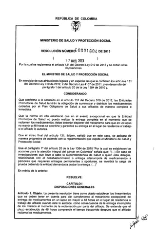 Resolución 1604 de 2013 Entrega de medicamentos -Colombia