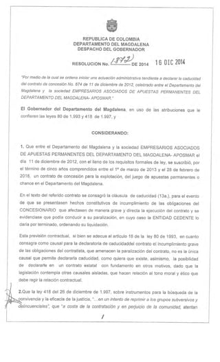 Resolucion 1872 de_dic.16_2014 que inicia proceso de caducidad del contrato de Chance con Aposmar