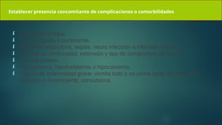 Establecer presencia concomitante de complicaciones o comorbilidades
 Estado de choque.
 Diarrea aguda o persistente.
 Infección respiratoria, sepsis, neuro infección e infección urinaria.
 Pérdida de continuidad, extensión y tipo de compromiso de la piel.
 Anemia severa.
 Hipoglicemia, hipofosfatemia o hipocalcemia.
 Signos de enfermedad grave: vomita todo o no come nada, se encuentra
letárgico o inconsciente, convulsiona
 
