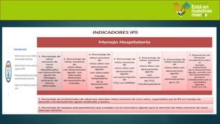 INDICADORES IPS
Tratamientohospitalarioyambulatorio
• Porcentaje de niños menores de cinco añoscon desnutrición aguda, con
adecuadomanejohospitalariodeladesnutriciónaguda
• Porcentaje de niños menores de cinco añoscon desnutrición aguda, con
prescripcióndeFTLCenMIPRES
• Porcentajedeequiposantropométricosquecumplenconlanormativavigente
paralaatencióndeniñosmenoresdecincoañosporservicio.
• Porcentaje de niños con desnutrición aguda que presentan recuperación
nutricional
Manejo Hospitalario
1. Porcentaje de
niños
menores de
cinco
años,
identificados
con desnutrición
aguda de
etiología
primaria, de
forma
adecuada.
2. Porcentaje de
niños menores
de
cinco años
con desnutrición
aguda, con
adecuada
definición
de escenario de
manejo.
3. Porcentaje de
niños menores
de
cinco años con
desnutrición
aguda,
con adecuado
manejo
hospitalario
de la
desnutrición
aguda.
4. Porcentaje de
niños menores
de
cinco años con
desnutrición
aguda,
con prescripción
de
FTLC en MIPRES.
5. Porcentaje de
niños menores
de
cinco años con
desnutrición
aguda,
con
administración
de FTLC
intrahospitalario
6. Porcentaje de
niños menores
de
cinco años con
desnutrición
aguda,
con
administración
de F-75.
7. Disposición de
fórmulas
terapéuticas para
el
manejo
nutricional
de la desnutrición
aguda, acorde con
los lineamientos
técnicos
establecidos por a
normativa
vigente:
FTLC y F-75.
1. Porcentaje de profesionales de salud que atienden niños menores de cinco años, capacitados por la IPS en manejo de
atención a la desnutrición aguda moderada y severa.
1. Porcentaje de equipos antropométricos que cumplen con la normativa vigente para la atención de niños menores de cinco
años por servicio.
 