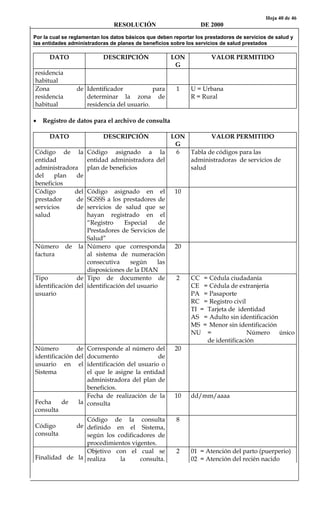 Hoja 40 de 46
RESOLUCIÓN DE 2000
Por la cual se reglamentan los datos básicos que deben reportar los prestadores de servicios de salud y
las entidades administradoras de planes de beneficios sobre los servicios de salud prestados
DATO DESCRIPCIÓN LON
G
VALOR PERMITIDO
residencia
habitual
Zona de
residencia
habitual
Identificador para
determinar la zona de
residencia del usuario.
1 U = Urbana
R = Rural
• Registro de datos para el archivo de consulta
DATO DESCRIPCIÓN LON
G
VALOR PERMITIDO
Código de la
entidad
administradora
del plan de
beneficios
Código asignado a la
entidad administradora del
plan de beneficios
6 Tabla de códigos para las
administradoras de servicios de
salud
Código del
prestador de
servicios de
salud
Código asignado en el
SGSSS a los prestadores de
servicios de salud que se
hayan registrado en el
“Registro Especial de
Prestadores de Servicios de
Salud”
10
Número de la
factura
Número que corresponda
al sistema de numeración
consecutiva según las
disposiciones de la DIAN
20
Tipo de
identificación del
usuario
Tipo de documento de
identificación del usuario
2 CC = Cédula ciudadanía
CE = Cédula de extranjería
PA = Pasaporte
RC = Registro civil
TI = Tarjeta de identidad
AS = Adulto sin identificación
MS = Menor sin identificación
NU = Número único
de identificación
Número de
identificación del
usuario en el
Sistema
Corresponde al número del
documento de
identificación del usuario o
el que le asigne la entidad
administradora del plan de
beneficios.
20
Fecha de la
consulta
Fecha de realización de la
consulta
10 dd/mm/aaaa
Código de
consulta
Código de la consulta
definido en el Sistema,
según los codificadores de
procedimientos vigentes.
8
Finalidad de la
Objetivo con el cual se
realiza la consulta.
2 01 = Atención del parto (puerperio)
02 = Atención del recién nacido
 