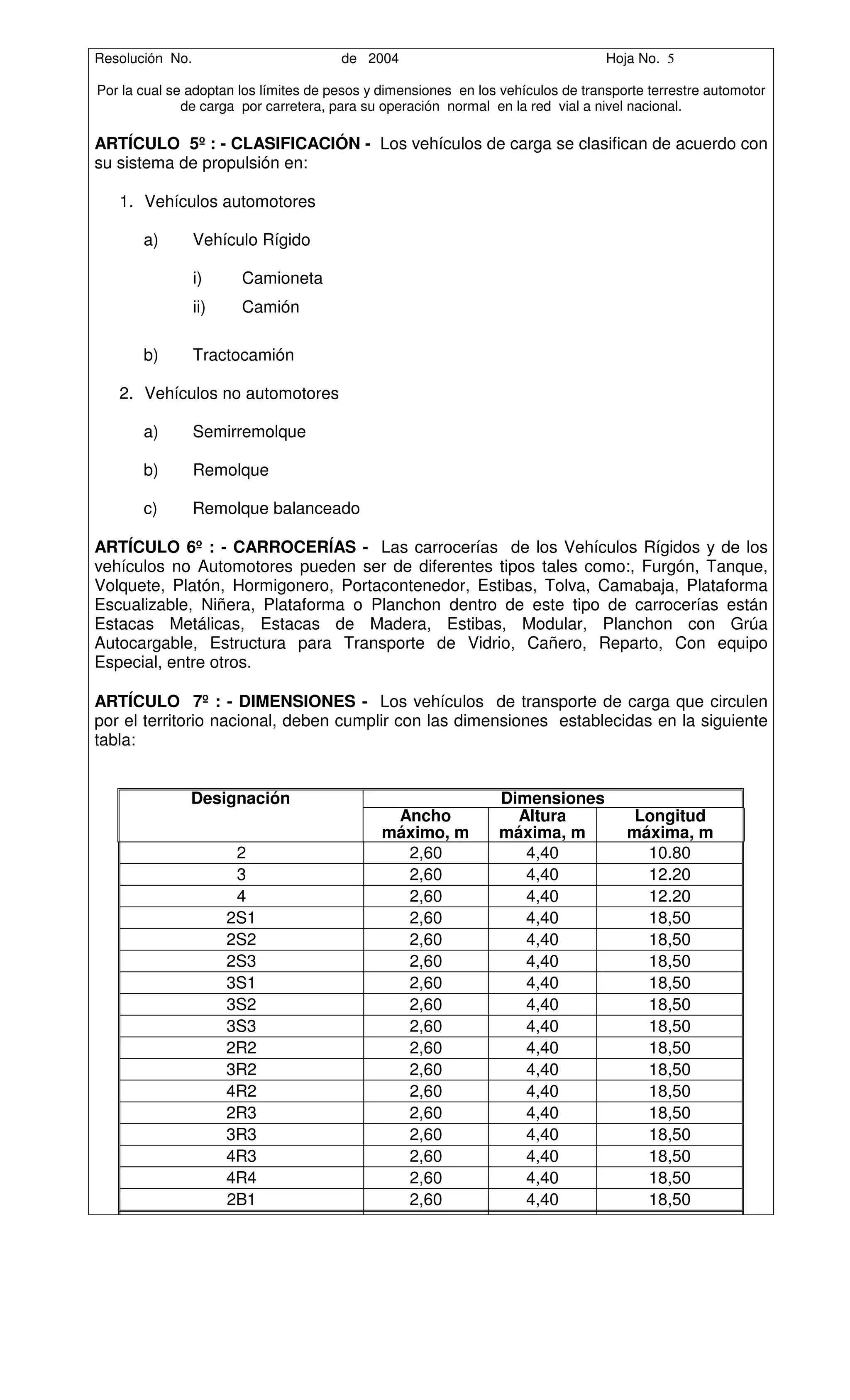 Resolución No.                         de 2004                                    Hoja No. 5

Por la cual se adoptan los límites de pesos y dimensiones en los vehículos de transporte terrestre automotor
              de carga por carretera, para su operación normal en la red vial a nivel nacional.

ARTÍCULO 5º : - CLASIFICACIÓN - Los vehículos de carga se clasifican de acuerdo con
su sistema de propulsión en:

   1. Vehículos automotores

       a)        Vehículo Rígido

                 i)     Camioneta
                 ii)    Camión

       b)        Tractocamión

   2. Vehículos no automotores

       a)        Semirremolque

       b)        Remolque

       c)        Remolque balanceado

ARTÍCULO 6º : - CARROCERÍAS - Las carrocerías de los Vehículos Rígidos y de los
vehículos no Automotores pueden ser de diferentes tipos tales como:, Furgón, Tanque,
Volquete, Platón, Hormigonero, Portacontenedor, Estibas, Tolva, Camabaja, Plataforma
Escualizable, Niñera, Plataforma o Planchon dentro de este tipo de carrocerías están
Estacas Metálicas, Estacas de Madera, Estibas, Modular, Planchon con Grúa
Autocargable, Estructura para Transporte de Vidrio, Cañero, Reparto, Con equipo
Especial, entre otros.

ARTÍCULO 7º : - DIMENSIONES - Los vehículos de transporte de carga que circulen
por el territorio nacional, deben cumplir con las dimensiones establecidas en la siguiente
tabla:


               Designación                                      Dimensiones
                                               Ancho              Altura              Longitud
                                              máximo, m         máxima, m            máxima, m
                        2                       2,60               4,40                10.80
                        3                       2,60               4,40                12.20
                        4                       2,60               4,40                12.20
                       2S1                      2,60               4,40                18,50
                       2S2                      2,60               4,40                18,50
                       2S3                      2,60               4,40                18,50
                       3S1                      2,60               4,40                18,50
                       3S2                      2,60               4,40                18,50
                       3S3                      2,60               4,40                18,50
                       2R2                      2,60               4,40                18,50
                       3R2                      2,60               4,40                18,50
                       4R2                      2,60               4,40                18,50
                       2R3                      2,60               4,40                18,50
                       3R3                      2,60               4,40                18,50
                       4R3                      2,60               4,40                18,50
                       4R4                      2,60               4,40                18,50
                       2B1                      2,60               4,40                18,50
 