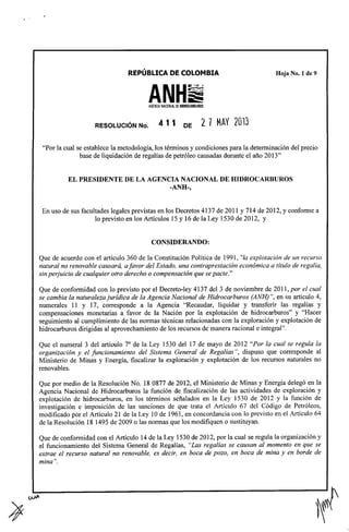 Resolucion 411 de 2013 precios base petróleo y regalías 