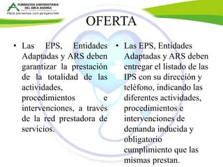 OFERTA 
• Las EPS, Entidades 
Adaptadas y ARS deben 
garantizar la prestación 
de la totalidad de las 
actividades, 
procedimientos e 
intervenciones, a través 
de la red prestadora de 
servicios. 
• Las EPS, Entidades 
Adaptadas y ARS deben 
entregar el listado de las 
IPS con su dirección y 
teléfono, indicando las 
diferentes actividades, 
procedimientos e 
intervenciones de 
demanda inducida y 
obligatorio 
cumplimiento que las 
mismas prestan. 
 