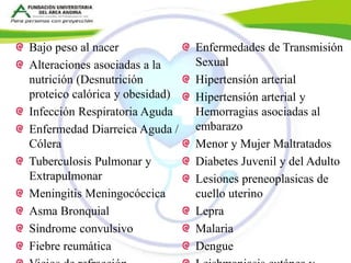 Bajo peso al nacer 
Alteraciones asociadas a la 
nutrición (Desnutrición 
proteico calórica y obesidad) 
Infección Respiratoria Aguda 
Enfermedad Diarreica Aguda / 
Cólera 
Tuberculosis Pulmonar y 
Extrapulmonar 
Meningitis Meningocóccica 
Asma Bronquial 
Síndrome convulsivo 
Fiebre reumática 
Vicios de refracción, 
Enfermedades de Transmisión 
Sexual 
Hipertensión arterial 
Hipertensión arterial y 
Hemorragias asociadas al 
embarazo 
Menor y Mujer Maltratados 
Diabetes Juvenil y del Adulto 
Lesiones preneoplasicas de 
cuello uterino 
Lepra 
Malaria 
Dengue 
Leishmaniasis cutánea y 
 