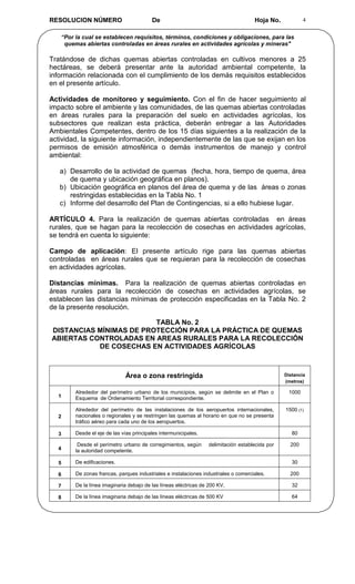 RESOLUCION NÚMERO                        De                                          Hoja No.            4


   “Por la cual se establecen requisitos, términos, condiciones y obligaciones, para las
    quemas abiertas controladas en áreas rurales en actividades agrícolas y mineras"

Tratándose de dichas quemas abiertas controladas en cultivos menores a 25
hectáreas, se deberá presentar ante la autoridad ambiental competente, la
información relacionada con el cumplimiento de los demás requisitos establecidos
en el presente artículo.

Actividades de monitoreo y seguimiento. Con el fin de hacer seguimiento al
impacto sobre el ambiente y las comunidades, de las quemas abiertas controladas
en áreas rurales para la preparación del suelo en actividades agrícolas, los
subsectores que realizan esta práctica, deberán entregar a las Autoridades
Ambientales Competentes, dentro de los 15 días siguientes a la realización de la
actividad, la siguiente información, independientemente de las que se exijan en los
permisos de emisión atmosférica o demás instrumentos de manejo y control
ambiental:

   a) Desarrollo de la actividad de quemas (fecha, hora, tiempo de quema, área
      de quema y ubicación geográfica en planos).
   b) Ubicación geográfica en planos del área de quema y de las áreas o zonas
      restringidas establecidas en la Tabla No. 1
   c) Informe del desarrollo del Plan de Contingencias, si a ello hubiese lugar.

ARTÍCULO 4. Para la realización de quemas abiertas controladas en áreas
rurales, que se hagan para la recolección de cosechas en actividades agrícolas,
se tendrá en cuenta lo siguiente:

Campo de aplicación: El presente artículo rige para las quemas abiertas
controladas en áreas rurales que se requieran para la recolección de cosechas
en actividades agrícolas.

Distancias mínimas. Para la realización de quemas abiertas controladas en
áreas rurales para la recolección de cosechas en actividades agrícolas, se
establecen las distancias mínimas de protección especificadas en la Tabla No. 2
de la presente resolución.

                         TABLA No. 2
DISTANCIAS MÍNIMAS DE PROTECCIÓN PARA LA PRÁCTICA DE QUEMAS
ABIERTAS CONTROLADAS EN AREAS RURALES PARA LA RECOLECCIÓN
           DE COSECHAS EN ACTIVIDADES AGRÍCOLAS



                              Área o zona restringida                                            Distancia
                                                                                                 (metros)

        Alrededor del perímetro urbano de los municipios, según se delimite en el Plan o          1000
  1     Esquema de Ordenamiento Territorial correspondiente.

        Alrededor del perímetro de las instalaciones de los aeropuertos internacionales,         1500 (1)
  2     nacionales o regionales y se restringen las quemas al horario en que no se presenta
        tráfico aéreo para cada uno de los aeropuertos.

  3     Desde el eje de las vías principales intermunicipales.                                      80

         Desde el perímetro urbano de corregimientos, según       delimitación establecida por     200
  4     la autoridad competente.

  5     De edificaciones.                                                                           30

  6     De zonas francas, parques industriales e instalaciones industriales o comerciales.         200

  7     De la línea imaginaria debajo de las líneas eléctricas de 200 KV,                           32

  8     De la línea imaginaria debajo de las líneas eléctricas de 500 KV                            64
 
