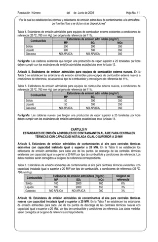 Resolución Número del de Junio de 2008 Hoja No. 11
Por la cual se establecen las normas y estándares de emisión admisibles de contaminantes a la atmósfera
por fuentes fijas y se dictan otras disposiciones
Tabla 4. Estándares de emisión admisibles para equipos de combustión externa existentes a condiciones de
referencia (25 ºC, 760 mm Hg) con oxígeno de referencia del 11%.
Combustible
Estándares de emisión adm isibles (mg/m3)
MP SO2 NOx
Sólido 200 500 350
Líquido 200 500 350
Gaseoso NO APLICA NO APLICA 350
Parágrafo: Las calderas existentes que tengan una producción de vapor superior a 25 toneladas por hora
deben cumplir con los estándares de emisión admisibles establecidos en el Artículo 13.
Artículo 8. Estándares de emisión admisibles para equipos de combustión externa nuevos. En la
Tabla 5 se establecen los estándares de emisión admisibles para equipos de combustión externa nuevos a
condiciones de referencia, de acuerdo al tipo de combustible y con oxígeno de referencia del 11%.
Tabla 5. Estándares de emisión admisibles para equipos de combustión externa nuevos, a condiciones de
referencia (25 ºC, 760 mm Hg) con oxígeno de referencia del 11%.
Combustible
Estándares de emisión adm isibles (mg/m3)
MP SO2 NOx
Sólido 50 500 350
Líquido 50 500 350
Gaseoso NO APLICA NO APLICA 350
Parágrafo: Las calderas nuevas que tengan una producción de vapor superior a 25 toneladas por hora
deben cumplir con los estándares de emisión admisibles establecidos en el Artículo 14.
CAPÍTULO IV
ESTÁNDARES DE EMISIÓN ADMISIBLES DE CONTAMINANTES AL AIRE PARA CENTRALES
TÉRMICAS CON CAPACIDAD INSTALADA IGUAL O SUPERIOR A 20 MW
Artículo 9. Estándares de emisión admisibles de contaminantes al aire para centrales térmicas
existentes con capacidad instalada igual o superior a 20 MW. En la Tabla 6 se establecen los
estándares de emisión admisibles para cada uno de los puntos de descarga de las centrales térmicas
existentes con capacidad igual o superior a 20 MW por tipo de combustible y condiciones de referencia. Los
datos medidos serán corregidos al oxígeno de referencia correspondiente.
Tabla 6. Estándares de emisión admisibles de contaminantes al aire para centrales térmicas existentes con
capacidad instalada igual o superior a 20 MW por tipo de combustible, a condiciones de referencia (25 ºC,
760 mm Hg).
Combustible
Estándares de emisión adm isibles (mg/m3) Oxígeno de
referenciaMP SO2 NOx
Sólido 100 2800 760 6%
Líquido 100 2000 650 3%
Gaseoso NO APLICA NO APLICA 300 3%
Artículo 10. Estándares de emisión admisibles de contaminantes al aire para centrales térmicas
nuevas con capacidad instalada igual o superior a 20 MW. En la Tabla 7 se establecen los estándares
de emisión admisibles para cada uno de los puntos de descarga de las centrales térmicas nuevas con
capacidad igual o superior a 20 MW, por tipo de combustible y condiciones de referencia. Los datos medidos
serán corregidos al oxígeno de referencia correspondiente.
 