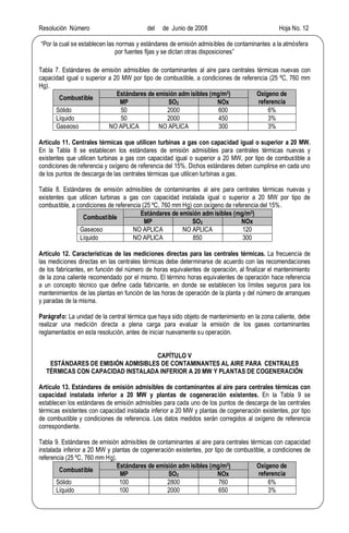 Resolución Número del de Junio de 2008 Hoja No. 12
Por la cual se establecen las normas y estándares de emisión admisibles de contaminantes a la atmósfera
por fuentes fijas y se dictan otras disposiciones
Tabla 7. Estándares de emisión admisibles de contaminantes al aire para centrales térmicas nuevas con
capacidad igual o superior a 20 MW por tipo de combustible, a condiciones de referencia (25 ºC, 760 mm
Hg).
Combustible
Estándares de emisión adm isibles (mg/m3) Oxígeno de
referenciaMP SO2 NOx
Sólido 50 2000 600 6%
Líquido 50 2000 450 3%
Gaseoso NO APLICA NO APLICA 300 3%
Artículo 11. Centrales térmicas que utilicen turbinas a gas con capacidad igual o superior a 20 MW.
En la Tabla 8 se establecen los estándares de emisión admisibles para centrales térmicas nuevas y
existentes que utilicen turbinas a gas con capacidad igual o superior a 20 MW, por tipo de combustible a
condiciones de referencia y oxígeno de referencia del 15%. Dichos estándares deben cumplirse en cada uno
de los puntos de descarga de las centrales térmicas que utilicen turbinas a gas.
Tabla 8. Estándares de emisión admisibles de contaminantes al aire para centrales térmicas nuevas y
existentes que utilicen turbinas a gas con capacidad instalada igual o superior a 20 MW por tipo de
combustible, a condiciones de referencia (25 ºC, 760 mm Hg) con oxígeno de referencia del 15%.
Combustible
Estándares de emisión adm isibles (mg/m3)
MP SO2 NOx
Gaseoso NO APLICA NO APLICA 120
Líquido NO APLICA 850 300
Artículo 12. Características de las mediciones directas para las centrales térmicas. La frecuencia de
las mediciones directas en las centrales térmicas debe determinarse de acuerdo con las recomendaciones
de los fabricantes, en función del número de horas equivalentes de operación, al finalizar el mantenimiento
de la zona caliente recomendado por el mismo. El término horas equivalentes de operación hace referencia
a un concepto técnico que define cada fabricante, en donde se establecen los límites seguros para los
mantenimientos de las plantas en función de las horas de operación de la planta y del número de arranques
y paradas de la misma.
Parágrafo: La unidad de la central térmica que haya sido objeto de mantenimiento en la zona caliente, debe
realizar una medición directa a plena carga para evaluar la emisión de los gases contaminantes
reglamentados en esta resolución, antes de iniciar nuevamente su operación.
CAPÍTULO V
ESTÁNDARES DE EMISIÓN ADMISIBLES DE CONTAMINANTES AL AIRE PARA CENTRALES
TÉRMICAS CON CAPACIDAD INSTALADA INFERIOR A 20 MW Y PLANTAS DE COGENERACIÓN
Artículo 13. Estándares de emisión admisibles de contaminantes al aire para centrales térmicas con
capacidad instalada inferior a 20 MW y plantas de cogeneración existentes. En la Tabla 9 se
establecen los estándares de emisión admisibles para cada uno de los puntos de descarga de las centrales
térmicas existentes con capacidad instalada inferior a 20 MW y plantas de cogeneración existentes, por tipo
de combustible y condiciones de referencia. Los datos medidos serán corregidos al oxígeno de referencia
correspondiente.
Tabla 9. Estándares de emisión admisibles de contaminantes al aire para centrales térmicas con capacidad
instalada inferior a 20 MW y plantas de cogeneración existentes, por tipo de combustible, a condiciones de
referencia (25 ºC, 760 mm Hg).
Combustible
Estándares de emisión adm isibles (mg/m3) Oxígeno de
referenciaMP SO2 NOx
Sólido 100 2800 760 6%
Líquido 100 2000 650 3%
 
