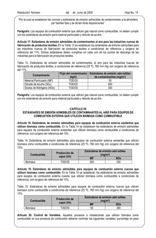 Resolución Número del de Junio de 2008 Hoja No. 14
Por la cual se establecen las normas y estándares de emisión admisibles de contaminantes a la atmósfera
por fuentes fijas y se dictan otras disposiciones
Parágrafo: Los equipos de combustión externa que utilicen gas natural como combustible, no deben cumplir
con los estándares de emisión para material particulado y dióxido de azufre.
Artículo 17. Estándares de emisión admisibles de contaminantes al aire para las industrias nuevas de
fabricación de productos textiles. En la Tabla 13 se establecen los estándares de emisión admisibles para
las industrias nuevas de fabricación de productos textiles a condiciones de referencia y oxígeno de
referencia del 11%. Dichos estándares deben cumplirse en cada uno de los puntos de descarga de las
industrias para la fabricación de productos textiles.
Tabla 13. Estándares de emisión admisibles de contaminantes al aire para las industrias nuevas de
fabricación de productos textiles, a condiciones de referencia (25 ºC, 760 mm Hg) con oxígeno de referencia
del 11%.
Contaminante
Flujo del contaminante
(kg/h)
Estándares de emisión adm isibles
de contaminantes (mg/m3)
Material Particulado (MP) TODOS 50
Dióxido de Azufre (SO2) TODOS 500
Óxidos de Nitrógeno (NOx) TODOS 350
Parágrafo: Los equipos de combustión externa que utilicen gas natural como combustible, no deben cumplir
con los estándares de emisión para material particulado y dióxido de azufre.
CAPÍTULO VII
ESTÁNDARES DE EMISIÓN ADMISIBLES DE CONTAMINANTES AL AIRE PARA EQUIPOS DE
COMBUSTIÓN EXTERNA QUE UTILICEN BIOMASA COMO COMBUSTIBLE
Artículo 18. Estándares de emisión admisibles para equipos de combustión externa existentes que
utilicen biomasa como combustible. En la Tabla 14 se establecen los estándares de emisión admisibles
para equipos de combustión externa existentes que utilicen biomasa como combustible a condiciones de
referencia, con oxígeno de referencia del 13%.
Tabla 14. Estándares de emisión admisibles para equipos de combustión externa existentes que utilicen
biomasa como combustible a condiciones de referencia (25 ºC, 760 mm Hg) con oxígeno de referencia del
13%.
Combustible
Producción de
vapor (t/h)
Estándares de emisión adm isibles
(mg/m3)
MP NOx
Biomasa TODOS 300 350
Artículo 19. Estándares de emisión admisibles para equipos de combustión externa nuevos que
utilicen biomasa como combustible. En la Tabla 15 se establecen los estándares de emisión admisibles
para equipos de combustión externa nuevos que utilicen biomasa como combustible a condiciones de
referencia, con oxígeno de referencia del 13%.
Tabla 15. Estándares de emisión admisibles para equipos de combustión externa nuevos que utilicen
biomasa como combustible a condiciones de referencia (25 ºC, 760 mm Hg) con oxígeno de referencia del
13%.
Combustible
Producción de
vapor (t/h)
Estándares de emisión adm isibles
(mg/m3)
MP NOx
Biomasa TODOS 50 350
Artículo 20. Control de Variables. Aquellos procesos e instalaciones que utilicen biomasa como
combustible en sus procesos de combustión deberán controlar las siguientes variables: porcentaje en peso
 