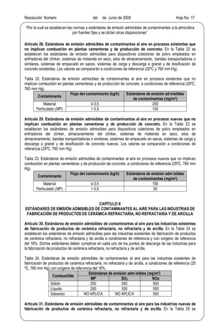 Resolución Número del de Junio de 2008 Hoja No. 17
Por la cual se establecen las normas y estándares de emisión admisibles de contaminantes a la atmósfera
por fuentes fijas y se dictan otras disposiciones
Artículo 28. Estándares de emisión admisibles de contaminantes al aire en procesos existentes que
no implican combustión en plantas cementeras y de producción de concreto. En la Tabla 22 se
establecen los estándares de emisión admisibles para dispositivos colectores de polvo empleados en
enfriadores del clínker, sistemas de molienda en seco, silos de almacenamiento, bandas transportadoras o
similares, sistemas de empacado en sacos, sistemas de carga y descarga a granel y de dosificación de
concreto existentes. Los valores se compararán a condiciones de referencia (25ºC y 760 mm Hg).
Tabla 22. Estándares de emisión admisibles de contaminantes al aire en procesos existentes que no
implican combustión en plantas cementeras y de producción de concreto, a condiciones de referencia (25ºC,
760 mm Hg).
Contaminante
Flujo del contaminante (kg/h) Estándares de emisión ad misibles
de contaminantes (mg/m3)
Material
Particulado (MP)
0,5 250
> 0,5 150
Artículo 29. Estándares de emisión admisibles de contaminantes al aire en procesos nuevos que no
implican combustión en plantas cementeras y de producción de concreto. En la Tabla 23 se
establecen los estándares de emisión admisibles para dispositivos colectores de polvo empleados en
enfriadores del clínker, almacenamiento del clínker, sistemas de molienda en seco, silos de
almacenamiento, bandas transportadoras o similares, sistemas de empacado en sacos, sistemas de carga y
descarga a granel y de dosificación de concreto nuevos. Los valores se compararán a condiciones de
referencia (25ºC, 760 mm Hg).
Tabla 23. Estándares de emisión admisibles de contaminantes al aire en procesos nuevos que no implican
combustión en plantas cementeras y de producción de concreto, a condiciones de referencia (25ºC, 760 mm
Hg).
Contaminante
Flujo del contaminante (kg/h) Estándares de emisión adm isibles
de contaminantes (mg/m3)
Material
Particulado (MP)
0,5 150
> 0,5 50
CAPÍTULO X
ESTÁNDARES DE EMISIÓN ADMISIBLES DE CONTAMINANTES AL AIRE PARA LAS INDUSTRIAS DE
FABRICACIÓN DE PRODUCTOS DE CERÁMICA REFRACTARIA, NO REFRACTARIA Y DE ARCILLA
Artículo 30. Estándares de emisión admisibles de contaminantes al aire para las industrias existentes
de fabricación de productos de cerámica refractaria, no refractaria y de arcilla. En la Tabla 24 se
establecen los estándares de emisión admisibles para las industrias existentes de fabricación de productos
de cerámica refractaria, no refractaria y de arcilla a condiciones de referencia y con oxígeno de referencia
del 18%. Dichos estándares deben cumplirse en cada uno de los puntos de descarga de las industrias para
la fabricación de productos de cerámica refractaria, no refractaria y de arcilla.
Tabla 24. Estándares de emisión admisibles de contaminantes al aire para las industrias existentes de
fabricación de productos de cerámica refractaria, no refractaria y de arcilla, a condiciones de referencia (25
ºC, 760 mm Hg) con oxígeno de referencia del 18%.
Combustible
Estándares de emisión adm isibles (mg/m3)
MP SO2 NOx
Sólido 250 550 550
Líquido 250 550 550
Gaseoso NO APLICA NO APLICA 550
Artículo 31. Estándares de emisión admisibles de contaminantes al aire para las industrias nuevas de
fabricación de productos de cerámica refractaria, no refractaria y de arcilla. En la Tabla 25 se
 