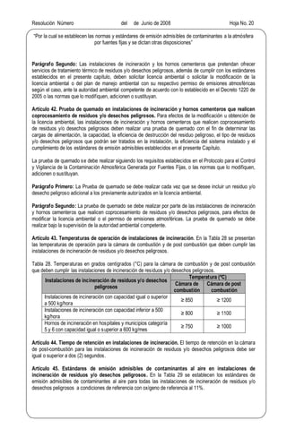 Resolución Número del de Junio de 2008 Hoja No. 20
Por la cual se establecen las normas y estándares de emisión admisibles de contaminantes a la atmósfera
por fuentes fijas y se dictan otras disposiciones
Parágrafo Segundo: Las instalaciones de incineración y los hornos cementeros que pretendan ofrecer
servicios de tratamiento térmico de residuos y/o desechos peligrosos, además de cumplir con los estándares
establecidos en el presente capítulo, deben solicitar licencia ambiental o solicitar la modificación de la
licencia ambiental o del plan de manejo ambiental con su respectivo permiso de emisiones atmosféricas
según el caso, ante la autoridad ambiental competente de acuerdo con lo establecido en el Decreto 1220 de
2005 o las normas que lo modifiquen, adicionen o sustituyan.
Artículo 42. Prueba de quemado en instalaciones de incineración y hornos cementeros que realicen
coprocesamiento de residuos y/o desechos peligrosos. Para efectos de la modificación u obtención de
la licencia ambiental, las instalaciones de incineración y hornos cementeros que realicen coprocesamiento
de residuos y/o desechos peligrosos deben realizar una prueba de quemado con el fin de determinar las
cargas de alimentación, la capacidad, la eficiencia de destrucción del residuo peligroso, el tipo de residuos
y/o desechos peligrosos que podrán ser tratados en la instalación, la eficiencia del sistema instalado y el
cumplimiento de los estándares de emisión admisibles establecidos en el presente Capítulo.
La prueba de quemado se debe realizar siguiendo los requisitos establecidos en el Protocolo para el Control
y Vigilancia de la Contaminación Atmosférica Generada por Fuentes Fijas, o las normas que lo modifiquen,
adicionen o sustituyan.
Parágrafo Primero: La Prueba de quemado se debe realizar cada vez que se desee incluir un residuo y/o
desecho peligroso adicional a los previamente autorizados en la licencia ambiental.
Parágrafo Segundo: La prueba de quemado se debe realizar por parte de las instalaciones de incineración
y hornos cementeros que realicen coprocesamiento de residuos y/o desechos peligrosos, para efectos de
modificar la licencia ambiental o el permiso de emisiones atmosféricas. La prueba de quemado se debe
realizar bajo la supervisión de la autoridad ambiental competente.
Artículo 43. Temperaturas de operación de instalaciones de incineración. En la Tabla 28 se presentan
las temperaturas de operación para la cámara de combustión y de post combustión que deben cumplir las
instalaciones de incineración de residuos y/o desechos peligrosos.
Tabla 28. Temperaturas en grados centígrados (°C) para la cámara de combustión y de post combustión
que deben cumplir las instalaciones de incineración de residuos y/o desechos peligrosos.
Instalaciones de incineración de residuos y/o desechos
peligrosos
Temperatura (ºC)
Cámara de
combustión
Cámara de post
combustión
Instalaciones de incineración con capacidad igual o superior
a 500 kg/hora
850 1200
Instalaciones de incineración con capacidad inferior a 500
kg/hora
800 1100
Hornos de incineración en hospitales y municipios categoría
5 y 6 con capacidad igual o superior a 600 kg/mes
750 1000
Artículo 44. Tiempo de retención en instalaciones de incineración. El tiempo de retención en la cámara
de post-combustión para las instalaciones de incineración de residuos y/o desechos peligrosos debe ser
igual o superior a dos (2) segundos.
Artículo 45. Estándares de emisión admisibles de contaminantes al aire en instalaciones de
incineración de residuos y/o desechos peligrosos. En la Tabla 29 se establecen los estándares de
emisión admisibles de contaminantes al aire para todas las instalaciones de incineración de residuos y/o
desechos peligrosos a condiciones de referencia con oxígeno de referencia al 11%.
 