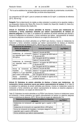 Resolución Número del de Junio de 2008 Hoja No. 22
Por la cual se establecen las normas y estándares de emisión admisibles de contaminantes a la atmósfera
por fuentes fijas y se dictan otras disposiciones
sus compuestos de 0,05 mg/m3 y para la sumatoria de metales de 0,5 mg/m3, a condiciones de referencia
(25 ºC, 760 mm Hg).
Parágrafo: Para la determinación de metales se debe contemplar la sumatoria de los siguientes metales y
sus compuestos: Arsénico (As), Plomo (Pb), Cromo (Cr), Cobalto (Co), Níquel (Ni), Vanadio (V), Cobre (Cu),
Manganeso (Mn), Antimonio (Sb), Estaño (Sn).
Artículo 51. Estándares de emisión admisibles de dioxinas y furanos para instalaciones de
incineración y hornos cementeros existentes que realicen coprocesamiento de residuos y/o
desechos peligrosos. En la Tabla 31 se establecen los estándares de emisión admisibles para dioxinas y
furanos en instalaciones de incineración, y hornos cementeros que realicen coprocesamiento de residuos
y/o desechos peligrosos a condiciones de referencia con oxígeno de referencia del 11%.
Tabla 31. Estándares de emisión admisibles en ng-TEQ/m3 para dioxinas y furanos en instalaciones de
incineración y hornos cementeros existentes que realicen coprocesamiento de residuos y/o desechos
peligrosos a condiciones de referencia (25 ºC, 760 mm Hg).con oxígeno de referencia del 11%.
Instalaciones de tratamiento
térmico de residuos y/o
desechos peligrosos
Fecha de Transición (ng-TEQ/m3)
Instalaciones de incineración
con capacidad igual o mayor a
500 kg/hora
Hasta el 31 de julio del 2009 0,5
Desde el 1 de agosto del 2009 hasta el
31 de julio del 2012
0,3
Del 1 de agosto del 2012 en adelante 0,1
Instalaciones de incineración
con capacidad menor a 500
kg/hora
Hasta el 31 de julio del 2009 1,0
Desde el 1 de agosto del 2009 hasta el
31 de julio del 2012
0,5
Del 1 de agosto del 2012 en adelante 0,1
Hornos de incineración de
hospitales y municipios
categoría 5 y 6 con capacidad
igual o menor a 600 kg/mes
Hasta el 31 de julio del 2009 20
Desde el 1 de agosto del 2009 hasta el
31 de julio del 2012
10
Del 1 de agosto del 2012 en adelante 2
Hornos cementeros que
realicen coprocesamiento
A partir de la entrada en vigencia de la
presente resolución
0,1
Artículo 52. Estándares de emisión admisibles de dioxinas y furanos para instalaciones de
incineración y hornos cementeros nuevos que realicen coprocesamiento de residuos. En la Tabla 32
se establecen los estándares de emisión admisibles para dioxinas y furanos en instalaciones nuevas de
incineración y hornos cementeros que realicen coprocesamiento de residuos y/o desechos peligrosos a
condiciones de referencia con oxígeno de referencia del 11%.
Tabla 32. Estándares de emisión admisibles en ng-TEQ/m3 para dioxinas y furanos en instalaciones nuevas
de incineración y hornos cementeros que realicen coprocesamiento de residuos y/o desechos peligrosos
nuevas a condiciones de referencia (25 ºC, 760 mm Hg).con oxígeno de referencia del 11%.
Sistemas de tratamiento térmico de residuos y/o desechos
peligrosos
(ng-TEQ/m3)
Instalaciones de incineración con capacidad igual o superior a 500
kg/hora
0,1
Instalaciones de incineración con capacidad inferior a 500 kg/hora 0,1
Hornos de incineración de hospitales y municipios categoría 5 y 6 con
capacidad igual o superior a 600 kg/mes
1,0
Hornos cementeros que realicen coprocesamiento 0,1
 