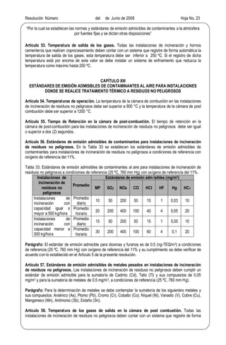 Resolución Número del de Junio de 2008 Hoja No. 23
Por la cual se establecen las normas y estándares de emisión admisibles de contaminantes a la atmósfera
por fuentes fijas y se dictan otras disposiciones
Artículo 53. Temperatura de salida de los gases. Todas las instalaciones de incineración y hornos
cementeros que realicen coprocesamiento deben contar con un sistema que registre de forma automática la
temperatura de salida de los gases, esta temperatura debe ser inferior a 250 ºC. Si el registro de dicha
temperatura está por encima de este valor se debe instalar un sistema de enfriamiento que reduzca la
temperatura como máximo hasta 250 ºC.
CAPÍTULO XIII
ESTÁNDARES DE EMISIÓN ADMISIBLES DE CONTAMINANTES AL AIRE PARA INSTALACIONES
DONDE SE REALICE TRATAMIENTO TÉRMICO A RESIDUOS NO PELIGROSOS
Artículo 54. Temperaturas de operación. La temperatura de la cámara de combustión en las instalaciones
de incineración de residuos no peligrosos debe ser superior a 800 °C y la temperatura de la cámara de post
combustión debe ser superior a 1200 °C.
Artículo 55. Tiempo de Retención en la cámara de post-combustión. El tiempo de retención en la
cámara de post-combustión para las instalaciones de incineración de residuos no peligrosos debe ser igual
o superior a dos (2) segundos.
Artículo 56. Estándares de emisión admisibles de contaminantes para instalaciones de incineración
de residuos no peligrosos. En la Tabla 33 se establecen los estándares de emisión admisibles de
contaminantes para instalaciones de incineración de residuos no peligrosos a condiciones de referencia con
oxígeno de referencia del 11%.
Tabla 33. Estándares de emisión admisibles de contaminantes al aire para instalaciones de incineración de
residuos no peligrosos a condiciones de referencia (25 ºC, 760 mm Hg) con oxígeno de referencia del 11%.
Instalaciones de
incineración de
residuos no
peligrosos
Promedio
Estándares de emisión adm isibles (mg/m3)
MP SO2 NOx CO HCl HF Hg HCT
Instalaciones de
incineración con
capacidad igual o
mayor a 500 kg/hora
Promedio
diario
10 50 200 50 10 1 0,03 10
Promedio
horario
20 200 400 100 40 4 0,05 20
Instalaciones de
incineración con
capacidad menor a
500 kg/hora
Promedio
diario
15 50 200 50 15 1 0,05 10
Promedio
horario
30 200 400 100 60 4 0,1 20
Parágrafo: El estándar de emisión admisible para dioxinas y furanos es de 0,5 (ng-TEQ/m3) a condiciones
de referencia (25 ºC, 760 mm Hg) con oxígeno de referencia del 11% y su cumplimiento se debe verificar de
acuerdo con lo establecido en el Artículo 5 de la presente resolución.
Artículo 57. Estándares de emisión admisibles de metales pesados en instalaciones de incineración
de residuos no peligrosos. Las instalaciones de incineración de residuos no peligrosos deben cumplir un
estándar de emisión admisible para la sumatoria de Cadmio (Cd), Talio (Tl) y sus compuestos de 0,05
mg/m3 y para la sumatoria de metales de 0,5 mg/m3, a condiciones de referencia (25 ºC, 760 mm Hg).
Parágrafo: Para la determinación de metales se debe contemplar la sumatoria de los siguientes metales y
sus compuestos: Arsénico (As), Plomo (Pb), Cromo (Cr), Cobalto (Co), Níquel (Ni), Vanadio (V), Cobre (Cu),
Manganeso (Mn), Antimonio (Sb), Estaño (Sn).
Artículo 58. Temperatura de los gases de salida en la cámara de post combustión. Todas las
instalaciones de incineración de residuos no peligrosos deben contar con un sistema que registre de forma
 