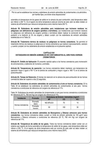 Resolución Número del de Junio de 2008 Hoja No. 24
Por la cual se establecen las normas y estándares de emisión admisibles de contaminantes a la atmósfera
por fuentes fijas y se dictan otras disposiciones
automática la temperatura de los gases de salida en la cámara de post combustión, esta temperatura debe
ser inferior a 250 °C. Si el registro de dicha temperatura está por encima de este valor se debe instalar un
sistema de enfriamiento que reduzca la temperatura como máximo hasta 250 ºC.
Artículo 59. Estándares de emisión admisibles para instalaciones que incineren residuos no
peligrosos con deficiencia de oxigeno (pirólisis o termólisis). Las instalaciones que incineren residuos
no peligrosos con deficiencia de oxígeno (pirólisis o termólisis) deben realizar la corrección de oxígeno
posterior a la medición al 3% de oxigeno y deben cumplir con los estándares de emisión admisibles
establecidos en la Tabla 33.
Artículo 60. Tratamiento térmico de residuos no peligrosos en hornos cementeros. Se permitirá el
tratamiento térmico de residuos no peligrosos en hornos cementeros que realicen coprocesamiento, siempre
y cuando cumplan con los estándares de emisión establecidos en el presente capítulo.
CAPÍTULO XIV
ESTÁNDARES DE EMISIÓN ADMISIBLES DE CONTAMINANTES AL AIRE PARA HORNOS
CREMATORIOS
Artículo 61. Ámbito de Aplicación: El presente capítulo aplica a los hornos crematorios para incineración
de exhumaciones y cadáveres de humanos y animales.
Artículo 62. Temperaturas de operación. Los hornos crematorios deben mantener una temperatura de
operación mayor o igual a 750 °C en la cámara de combustión y mayor o igual a 900 °C en la cámara de
postcombustión.
Artículo 63. Tiempo de Retención. El tiempo de retención en la cámara de post-combustión de los hornos
crematorios debe ser superior a dos (2) segundos.
Artículo 64. Estándares de emisión admisibles de contaminantes al aire en hornos crematorios. En la
Tabla 34 se establecen los estándares de emisión admisibles de contaminantes al aire para hornos
crematorios a condiciones de referencia con oxígeno de referencia al 11%.
Tabla 34. Estándares de emisión admisibles de contaminantes al aire para hornos crematorios a condiciones
de referencia (25 ºC, 760 mm Hg) con oxígeno de referencia al 11%.
Instalación Promedio
Estándares de Emisión Admisibles (mg/m3)
MP CO HCT
Hornos crematorios
Promedio
diario
NO APLICA 75 15
Promedio
horario
50 150 30
Artículo 65. Estándares de emisión admisibles de Benzopireno y Dibenzo antraceno para hornos
crematorios. Los hornos crematorios deben cumplir un límite de emisión admisible de 100 g/m3 para
Benzopireno y Dibenzo antraceno a condiciones de referencia (25 ºC, 760 mm Hg) con oxígeno de
referencia del 11%.
Artículo 66. Temperatura de salida de los gases. Todos los hornos crematorios deben contar con un
sistema que registre de forma automática la temperatura de salida de los gases, esta temperatura debe ser
inferior a 250 °C. Si el registro de dicha temperatura está por encima de este valor se debe instalar un
sistema de enfriamiento que reduzca la temperatura como máximo hasta 250ºC.
 