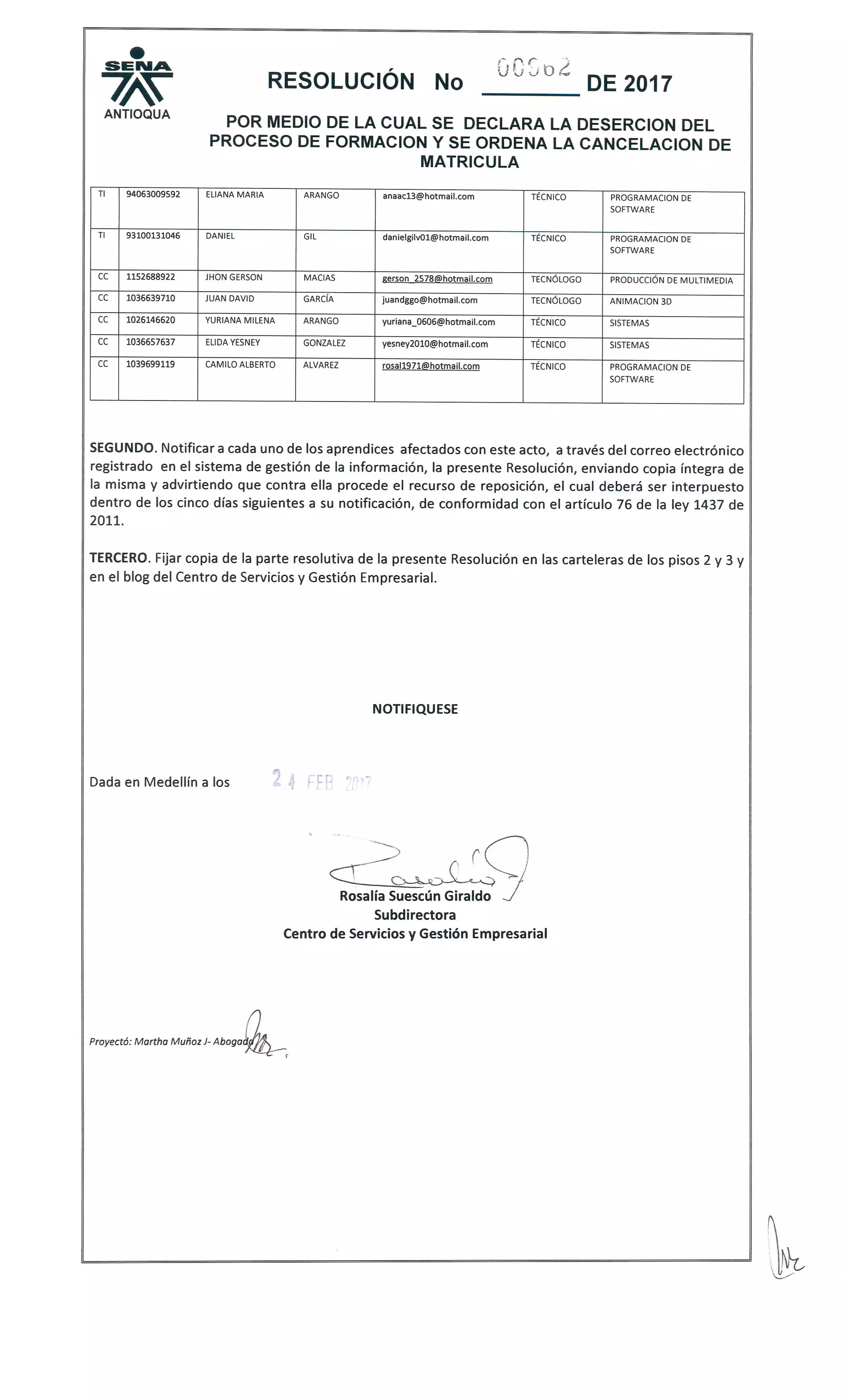 Resolucion 962 desercion