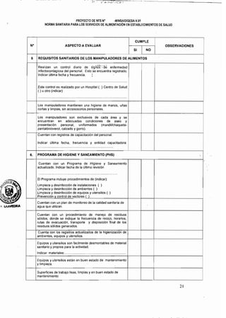 PROYECTO DE NTS N° ·MINSAlDIGESA·V.01
NORMA SANITARIA PARA LOS SERVICIOS DE ALIMENTACiÓN EN ESTABLECIMIENTOS DE SALUD
CUMPLE 

N° ASPECTO A EVALUAR OBSERVACIONES 

SI NO 

5 REQUISITOS SANITARIOS DE LOS MANIPULADORES DE ALIMENTOS
'. __ ,"5 .".' •
Realizan un control diario de ~lgnos·ae enfermedad 

infectocontagiosa del personal. Esto se encuentra registrado. 

Indicar última fecha y frecuencia. .; 

••••••••••••••• , ••••••••• >, •• , ••••••••••••••••••••••••••••••••••••••••• , .....,"',,.. , ............ 

Este control es realizado por un Hospital ( ) Centro de Salud
( ) u otro (indicar)
• • • • 0 • • • • • • • • • • • • • • • • • • • • • • • • • • • • • • • .. ..... ........."." ..........,........., ..,."",,..,., 

Los manipuladores mantienen una higiene de manos. uñas
cortas y limpias, sin accesosorios personales.
:
Los manipuladores son exclusivos de cada área y se 

encuentran en adecuadas condiciones de aseo y 

: presentación personal, uniformados (mandil/chaqueta­
pantalón/overol, calzado y gorro).
Cuentan con registros de capacitación del personal.
Indicar última fecha, frecuencia y entidad capacitadora:
, ... " ...." ....................-., ....__ ....................................... 

6. PROGRAMA DE HIGIENE Y SANEAMIENTO (PHS) .
Cuentan con un Programa de Higiene y Saneamiento 

actualizado. Indicar fecha de la última revisión 

...,"'", ...." ..,,,, , ..." " .... ....··4·'········ ..··.... ·.·······,···
El Programa incluye procedimientos de (indicar):
Limpieza y desinfección de instalaciones ( ) 

limpieza ydesinfección de ambientes ( ) 

Limpieza ydesinfección de equipos y utensilios ( ) 

Prevención y control de vectores ( ). 

Cuentan con un plan de monitoreo de la calidad sanitaria de
agua que utilizan.
Cuentan con un procedimiento de manejo de residuos 

sólidos, donde se indique la frecuencia de recojo, horarios, 

rutas de evacuación, transporte y disposición final de los 

residuos sólidos generados. 

~oo """'" ,d~l",d" " " hl,.,",ooo "uipos y utensilios.
Equipos y utensilios son facilmente desmontables de material 

sanitario y propios para la actividad. 

Indicar materiales:.................................................................... 

Equipos y utensilios están en buen estado de mantenimiento I 

y limpieza. 

i
!
SuperfiCies de trabajo lisas, limpias y en buen estado de
mantenimiento'
21
 