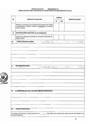 8
PROYECTO DE NTS N° ·MINSAlDIGESA·V.Ol 

NORMA SANITARIA PARA lOS SERVICIOS DE ALIMENTACiÓN EN ESTABLECIMIENTOS DE SALUD 

CUMPLE 

N· ASPECTO A EVALUAR OBSERVACIONES 

SI NO 

Realizan la verificación de la eficacia del programa de higiene 

y saneamiento. mediante análisis microbiológico de equipos 

Indicar equipos: >.~'. " 

. .'. .... .' .. ..... .
CERTIFicACION SANITARIA Ino es obíigatoriá)
Cuenta con certificación sanitaria de Principios Generales de 

Higiene (PGH) .'. 

'- .....,;::·~.l.:::-·" -..,-'--:-.'.L.. ..••_ ...;-; •._.-.-.':---:;;:;,:,·~--'-W(·?-:-~~·-I.·.;,.·:'-!y-,.-·.-L-;~-O-:T~""···-~'-.<:""13~·.~-E-;'RV-A-C-IO-N-.E-S-·.:--:..:.. '-:'-;-'.':.-.~.;:':""-::,';'...':;.:}¡'-;-·:;iG:-::.!...,.'- ..:.y...,··-:-:.-:·:.L.• •.•• _ •• ~_,..• -:-:­•._
V. RECOMENDACIONES
'., '.:' . ..<~ '~:.;:.
.VI. EL RESPONSABLE DEL ESTABLECIMIENTO MANIFESTO:
, ',' , - "
.. '.' .. ..
VII. PLAZO PERENTORIO
Se otorga a la empresa un plazo perentorio de ____ dias útiles para subsanar las observaciones formuladas en la
presente diligencia.
23
 