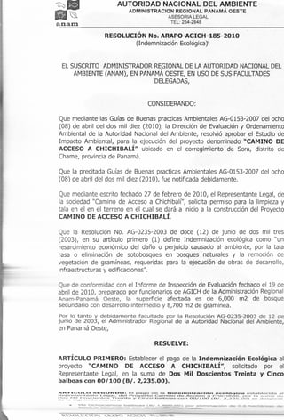 Panama Gov Resolucion of Altos Escondidos permit page 1 of 2