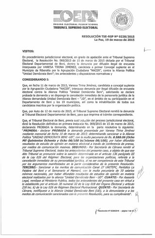Resolución del TSE sobre la cancelación de la personería de UD en el Beni