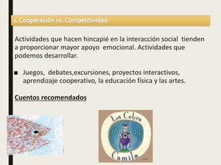 Actividades que hacen hincapié en la interacción social tienden
a proporcionar mayor apoyo emocional. Actividades que
podemos desarrollar.
■ Juegos, debates,excursiones, proyectos interactivos,
aprendizaje cooperativo, la educación física y las artes.
Cuentos recomendados
 
