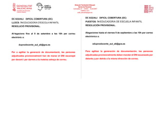 Direcció Territorial d’Alacant
Servei de Personal
Carratalà, 47 – 03007 – ALACANT
Telèfon: 012
cedt_alicante@gva.es
DC 8/22/ALI DIFICIL COBERTURA (DC)
LLOCS: 74 EDUCADOR/A D'ESCOLA INFANTIL
RESOLUCIÓ PROVISIONAL.
Al·legacions fins al 9 de setembre a les 10h per correu
electrònic a:
dupnodocente_aut_ali@gva.es
Per a agilitar la generació de documentació, les persones
adjudicades provisionalment han de manar el DNI escanejat
per davant i per darrere a la mateixa adreça de correu.
DC 8/22/ALI DIFICIL COBERTURA (DC)
PUESTOS: 74 EDUCADOR/A DE ESCUELA INFANTIL
RESOLUCIÓN PROVISIONAL.
Alegaciones hasta el viernes 9 de septiembre a las 10h por correo
electrónico a:
edupnodocente_aut_ali@gva.es
Para agilizar la generación de documentación, las personas
adjudicadas provisionalmente deben mandar el DNI escaneado por
delante y por detrás a la misma dirección de correo.
 