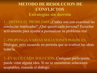 METODO DE RESOLUCION DE CONFLICTOS Estrategias sin derrota 1.- DEFINA EL PROBLEMA  ¿Cuáles son con exactitud las conductas implicadas? ¿Qué quiere cada persona? Escuchar activamente para ayudar a puntualizar su problema real. 2.-PROPONGA VARIAS SOLUCIONES POSIBLES . Dialogue, pero recuerde no permita que se evalúen las ideas todavía. 3.-EVALÚE CADA SOLUCIÓN . Cualquier participante puede vetar alguna idea. Si no se encuentran soluciones aceptables, reanude el diálogo. 