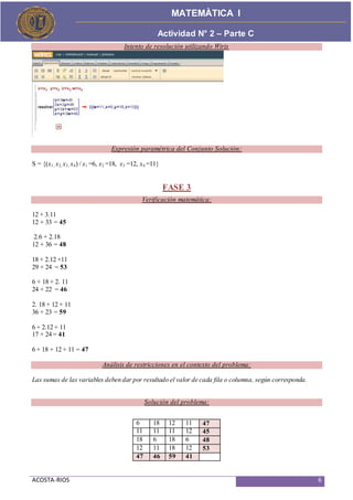 ACOSTA-RIOS 6
Actividad de Proceso
MATEMÀTICA I
Actividad N° 2 – Parte C
Intento de resolución utilizando Wiris
Expresión paramétrica del Conjunto Solución:
S = {(x1, x2, x3, x4) / x1 =6, x2 =18, x3 =12, x4 =11}
FASE 3
Verificación matemática:
12 + 3.11
12 + 33 = 45
2.6 + 2.18
12 + 36 = 48
18 + 2.12 +11
29 + 24 = 53
6 + 18 + 2. 11
24 + 22 = 46
2. 18 + 12 + 11
36 + 23 = 59
6 + 2.12 + 11
17 + 24 = 41
6 + 18 + 12 + 11 = 47
Análisis de restricciones en el contexto del problema:
Las sumas de las variables deben dar por resultado el valor de cada fila o columna, según corresponda.
Solución del problema:
6 18 12 11 47
11 11 11 12 45
18 6 18 6 48
12 11 18 12 53
47 46 59 41
 