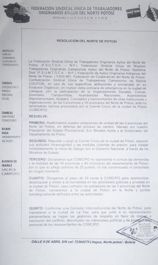 Resolución de ayllus del norte de Potosí contra Comcipo