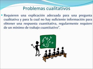 Problemas cualitativos Requieren una explicación adecuada para una pregunta cualitativa y para la cual no hay suficiente información para obtener una respuesta cuantitativa, regularmente requiere de un mínimo de trabajo cuantitativo”. 