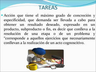 TAREAS Acción que tiene el máximo grado de concreción y especificidad, que demanda ser llevada a cabo para obtener un resultado deseado , expresado en un producto, subproducto o fin, es decir que conlleva a la resolución de una etapa o de un problema y “corresponde a  aquellos ejercicios que necesariamente conllevan a la realización de un acto cognoscitivo. 