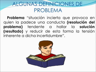 ALGUNAS DEFINICIONES DE  PROBLEMA Problema  “situación incierta que provoca en quien la padece una conducta  (resolución del problema)  tendente a hallar la  solución (resultado)  y reducir de esta forma la tensión inherente a dicha incertidumbre”. 