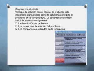 Concluir con el cliente
Verifique la solución con el cliente. Si el cliente esta
disponible, demuéstrele como la soluciona corregido el
problema en la computadora. La documentación debe
incluir la información siguiente:
 La descripción del problema.
 Los pasos para la solución del problema.
 Los componentes utilizados en la reparación.
 