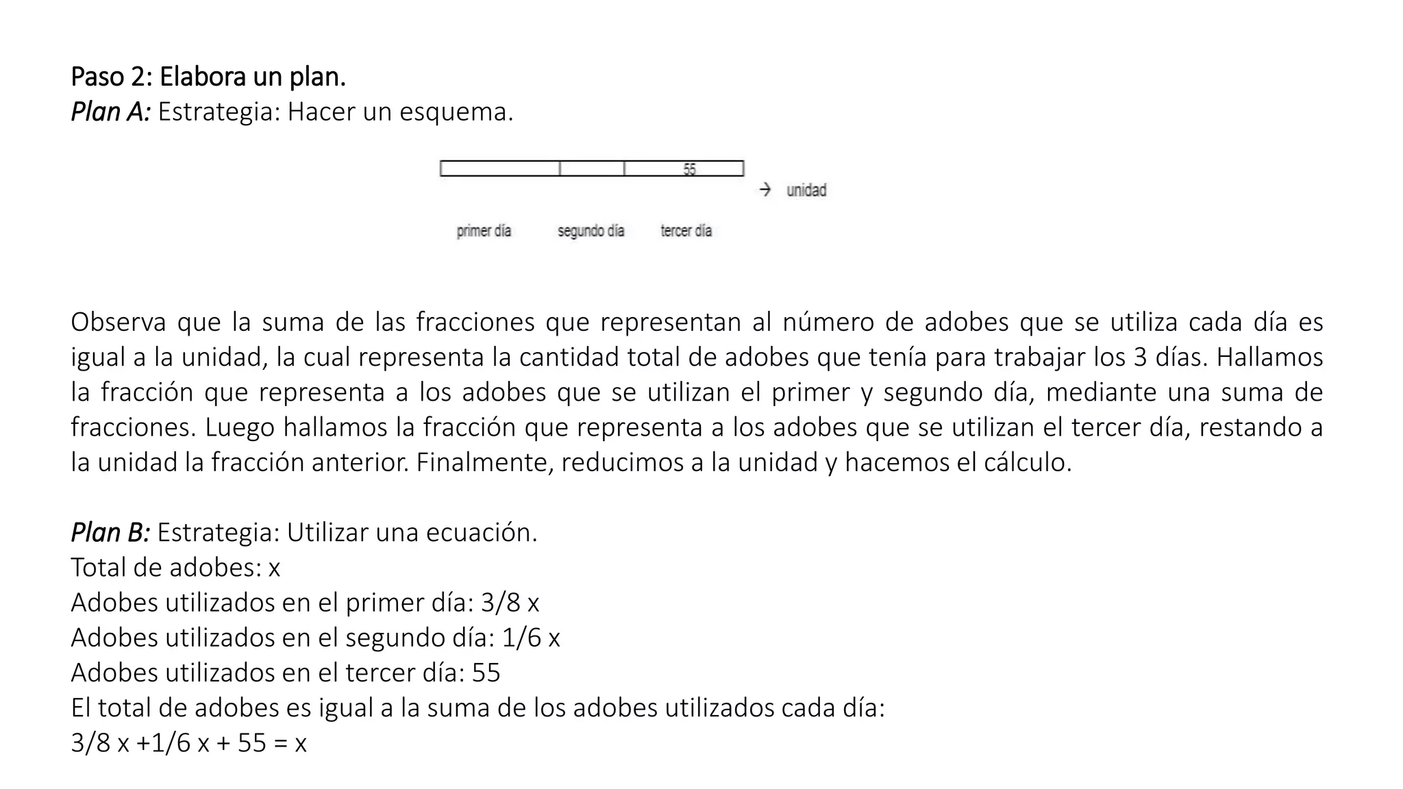 Paso 2: Elabora un plan. 
Plan A: Estrategia: Hacer un esquema. 
Observa que la suma de las fracciones que representan al número de adobes que se utiliza cada día es 
igual a la unidad, la cual representa la cantidad total de adobes que tenía para trabajar los 3 días. Hallamos 
la fracción que representa a los adobes que se utilizan el primer y segundo día, mediante una suma de 
fracciones. Luego hallamos la fracción que representa a los adobes que se utilizan el tercer día, restando a 
la unidad la fracción anterior. Finalmente, reducimos a la unidad y hacemos el cálculo. 
Plan B: Estrategia: Utilizar una ecuación. 
Total de adobes: x 
Adobes utilizados en el primer día: 3/8 x 
Adobes utilizados en el segundo día: 1/6 x 
Adobes utilizados en el tercer día: 55 
El total de adobes es igual a la suma de los adobes utilizados cada día: 
3/8 x +1/6 x + 55 = x 
 
