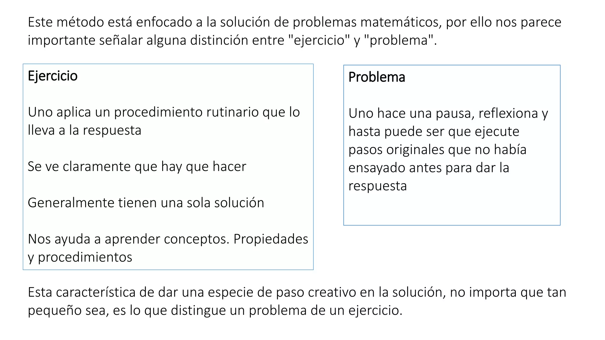 Este método está enfocado a la solución de problemas matemáticos, por ello nos parece 
importante señalar alguna distinción entre "ejercicio" y "problema". 
Ejercicio 
Uno aplica un procedimiento rutinario que lo 
lleva a la respuesta 
Se ve claramente que hay que hacer 
Generalmente tienen una sola solución 
Nos ayuda a aprender conceptos. Propiedades 
y procedimientos 
Problema 
Uno hace una pausa, reflexiona y 
hasta puede ser que ejecute 
pasos originales que no había 
ensayado antes para dar la 
respuesta 
Esta característica de dar una especie de paso creativo en la solución, no importa que tan 
pequeño sea, es lo que distingue un problema de un ejercicio. 
 