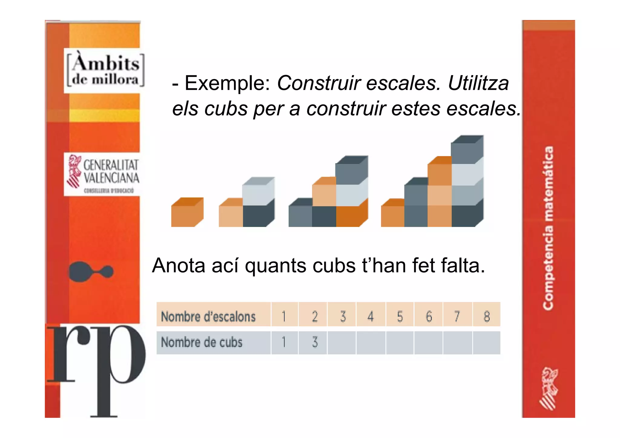 - Exemple: Construir escales. Utilitza
els cubs per a construir estes escales.
Anota ací quants cubs t’han fet falta.
 