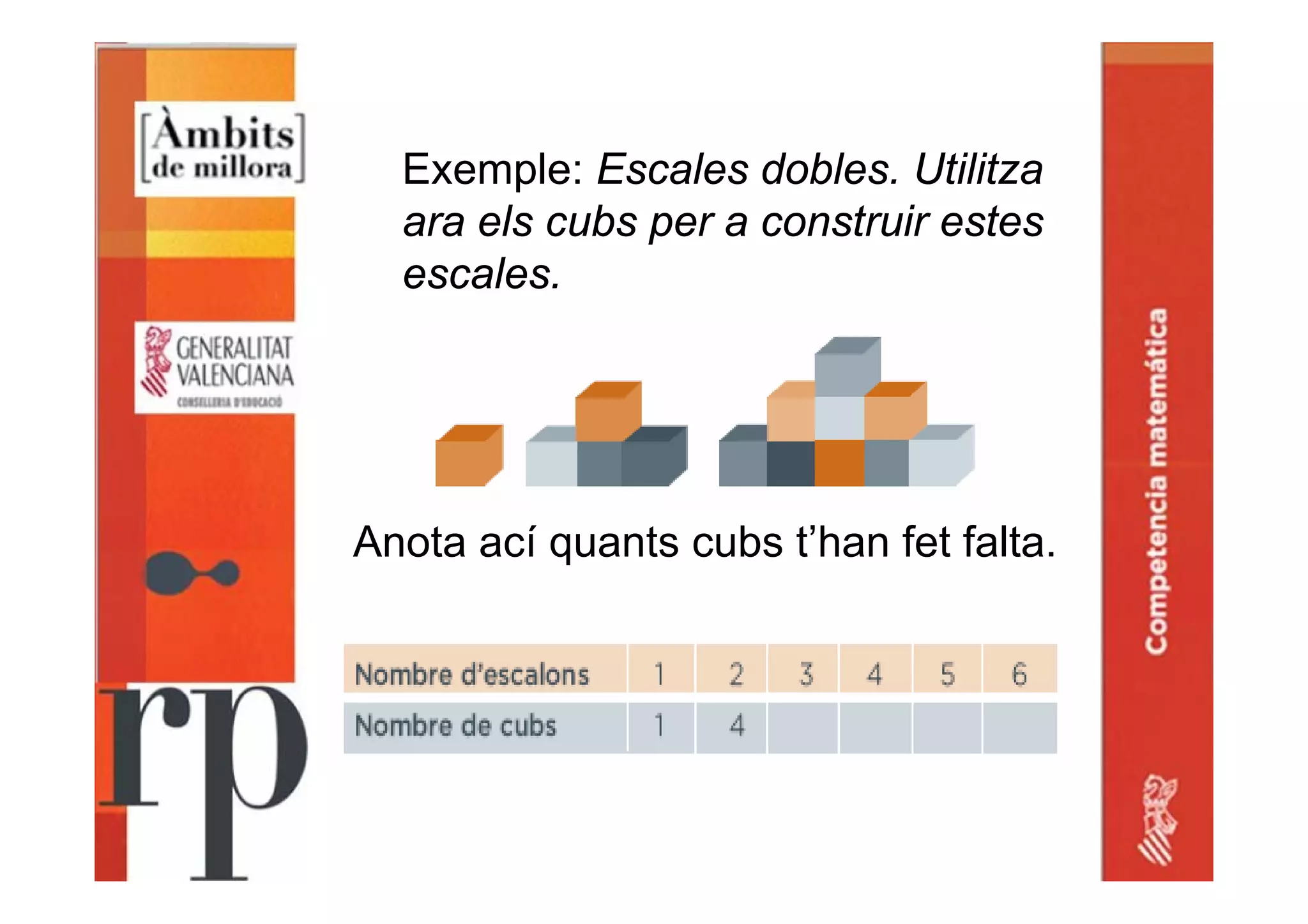 Exemple: Escales dobles. Utilitza
ara els cubs per a construir estes
escales.
Anota ací quants cubs t’han fet falta.
 