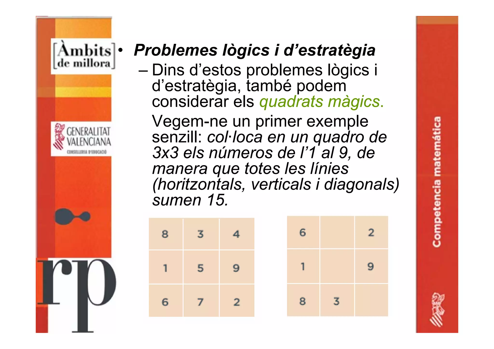 • Problemes lògics i d’estratègia
– Dins d’estos problemes lògics i
d’estratègia, també podem
considerar els quadrats màgics.
Vegem-ne un primer exemple
senzill: col·loca en un quadro de
3x3 els números de l’1 al 9, de
manera que totes les línies
(horitzontals, verticals i diagonals)
sumen 15.
 