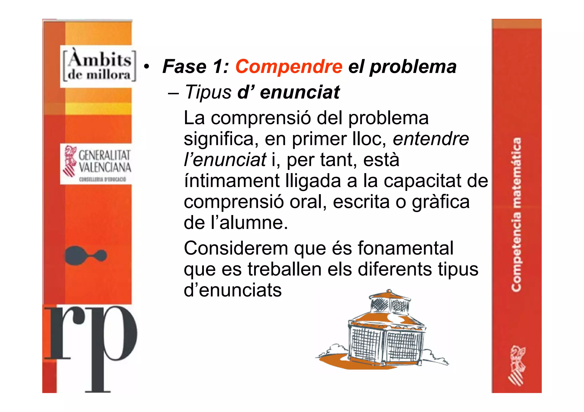 • Fase 1: Compendre el problema
– Tipus d’ enunciat
La comprensió del problema
significa, en primer lloc, entendre
l’enunciat i, per tant, està
íntimament lligada a la capacitat de
comprensió oral, escrita o gràfica
de l’alumne.
Considerem que és fonamental
que es treballen els diferents tipus
d’enunciats
 