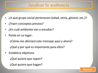 • ¿A qué grupo social pertenecen (edad, etnia, género, etc.)?
• ¿Traen conceptos previos?
• ¿En cuál ambiente van a estudiar?
• Ponte en su lugar:
¿Cómo me afectará este mensaje aquí y ahora?
¿Qué y por qué es importante para ellos?
• Establece objetivos
¿Qué quiero que sepan?
¿Qué quiero que hagan?
Regresar
 