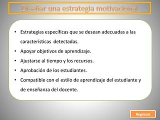 • Estrategias específicas que se desean adecuadas a las
características detectadas.
• Apoyar objetivos de aprendizaje.
• Ajustarse al tiempo y los recursos.
• Aprobación de los estudiantes.
• Compatible con el estilo de aprendizaje del estudiante y
de enseñanza del docente.
Regresar
 
