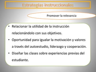 • Relacionar la utilidad de la instrucción
relacionándolo con sus objetivos.
• Oportunidad para igualar la motivación y valores
a través del autoestudio, liderazgo y cooperación.
• Diseñar las clases sobre experiencias previas del
estudiante.
Promover la relevancia
 