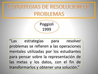“Las estrategias para resolver
problemas se refieren a las operaciones
mentales utilizadas por los estudiantes
para pensar sobre la representación de
las metas y los datos, con el fin de
transformarlos y obtener una solución.”
Poggioli
1999
 