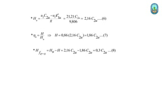 2 1 2
21,21
2 1
* 2,16 .....(6)
2
9,806
u
u
u C u C C
u u
H C
g u

= = =
* 0,86 (2,16 ) 1,86 ....(7)
2 2
h
u
H H C C
u u
H
h =  = =
* 2,16 1,86 0,3 ....(8)
2 2 2
H H H C C C
u u u u
fe s
=  =  =

 