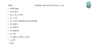Datos:
• Fluido: agua
• ZZ-Zs= 30 m
• Dimp = Dsuc= 0,15m
• HA-e = 2 m
• Hs-Z = 6 m + pérdidas de salida de flujo
• D2 =0,39 m
• b2= 0,025 m
• n= 1200 rpm
• β2 = 30°
• hh= 0,80; hv= 0,95; h = 0,70
• a1= 90°
• Qe=0
Incógnitas a)Q; b)H; c) Pa; d) pe/ y ps/
 