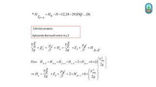 * 12,24 29,85 ....(8)
H H H Q
u
fe s
=  = 

Cálculos propios:
Aplicando Bernoulli entre A y Z
2
V
A
2 A
Z
g
 A
p


2
u
V
Z
H
 =
2 Z
p
Z
Z
g 
  H
A Z


2
2 6 (1)
2
imp
A Z A e f e s s Z fe s
V
Pero H H H H H
g
    
 
=   =     
 
 
2
u
V
Z
H
 =
2 Z
p
Z
Z
g 
 
2
2 6
2
imp
fe s
V
H
g

 
    
 
 
 
