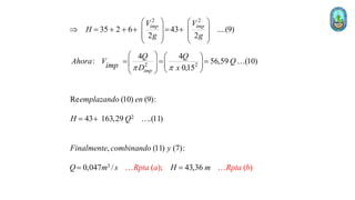 2 2
35 2 6 43 ....(9)
2 2
imp imp
V V
H
g g
   
 =    = 
   
   
   
2 2
4 4
: 56,59 (10)
0,15
imp
Q Q
Ahora V Q
imp D x
 
   
= = =
   
 
 
2
Re (10) (9):
43 163,29 .(11)
emplazando en
H Q
= 
3
, (11) (7):
0, )
0 ( );
/ (
47 43,36
Finalmente combinando y
Q m m
Rpta a Rp
H b
s ta
= =
 