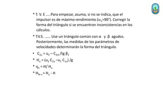 * T. V. E …..Para empezar, asuma, si no se indica, que el
impulsor es de máximo rendimiento (a1=90°). Corregir la
forma del triángulo si se encuentran inconsistencias en los
cálculos.
* T.V.S. …… Use un triángulo común con α y β agudos.
Posteriormente, las medidas de los parámetros de
velocidades determinarán la forma del triángulo.
• C2u = u2 – C2m /tg β2
* Hu = (u2 C2u –u1 C1u) /g
* hh = H/ Hu
* Hfe-s = Hu - H
 