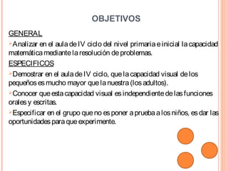 OBJETIVOS
GENERAL
Analizar en el auladeIV ciclo del nivel primariaeinicial lacapacidad
matemáticamediantelaresolución deproblemas.
ESPECIFICOS
Demostrar en el auladeIV ciclo, quelacapacidad visual delos
pequeñosesmucho mayor quelanuestra(losadultos).
Conocer queestacapacidad visual esindependientedelasfunciones
oralesy escritas.
Especificar en el grupo queno esponer apruebaalosniños, esdar las
oportunidadesparaqueexperimente.
 