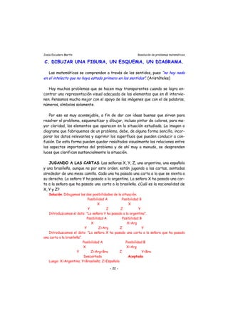 Jesús Escudero Martín Resolución de problemas matemáticos
C. DIBUJAR UNA FIGURA, UN ESQUEMA, UN DIAGRAMA.
Las matemáticas se comprenden a través de los sentidos, pues “no hay nada
en el intelecto que no haya estado primero en los sentidos”. (Aristóteles)
Hay muchos problemas que se hacen muy transparentes cuando se logra en-
contrar una representación visual adecuada de los elementos que en él intervie-
nen. Pensamos mucho mejor con el apoyo de las imágenes que con el de palabras,
números, símbolos solamente.
Por eso es muy aconsejable, a fin de dar con ideas buenas que sirvan para
resolver el problema, esquematizar y dibujar, incluso pintar de colores, para ma-
yor claridad, los elementos que aparecen en la situación estudiada. La imagen o
diagrama que fabriquemos de un problema, debe, de alguna forma sencilla, incor-
porar los datos relevantes y suprimir los superfluos que pueden conducir a con-
fusión. De esta forma pueden quedar resaltadas visualmente las relaciones entre
los aspectos importantes del problema y de ahí muy a menudo, se desprenden
luces que clarifican sustancialmente la situación.
JUGANDO A LAS CARTAS. Las señoras X, Y, Z, una argentina, una española
y una brasileña, aunque no por este orden, están jugando a las cartas, sentadas
alrededor de una mesa camilla. Cada una ha pasado una carta a la que se sienta a
su derecha. La señora Y ha pasado a la argentina. La señora X ha pasado una car-
ta a la señora que ha pasado una carta a la brasileña. ¿Cuál es la nacionalidad de
X, Y y Z?
Solución. Dibujamos las dos posibilidades de la situación.
Posibilidad A Posibilidad B
X X
Y Z Z Y
Introduzcamos el dato: "La señora Y ha pasado a la argentina".
Posibilidad A Posibilidad B
X X=Arg
Y Z=Arg Z Y
Introduzcamos el dato: "La señora X ha pasado una carta a la señora que ha pasado
una carta a la brasileña".
Posibilidad A Posibilidad B
X X=Arg
Y Z=Arg=Bra Z Y=Bra
Descartada Aceptada
Luego: X=Argentina; Y=Brasileña; Z=Española.
- 22 -
 